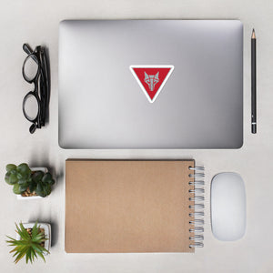 Inverted triangle shaped sticker with red background and a silver Howler sigil in the center