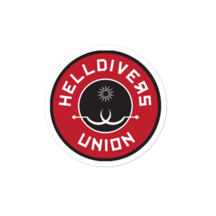 Round sticker with black white and red design with two white sling blades and a white star surrounded by the words Helldivers Union