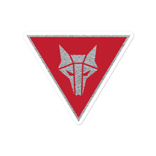 Load image into Gallery viewer, Inverted triangle shaped sticker with red background and a silver Howler sigil in the center
