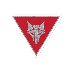 Inverted triangle shaped sticker with red background and a silver Howler sigil in the center