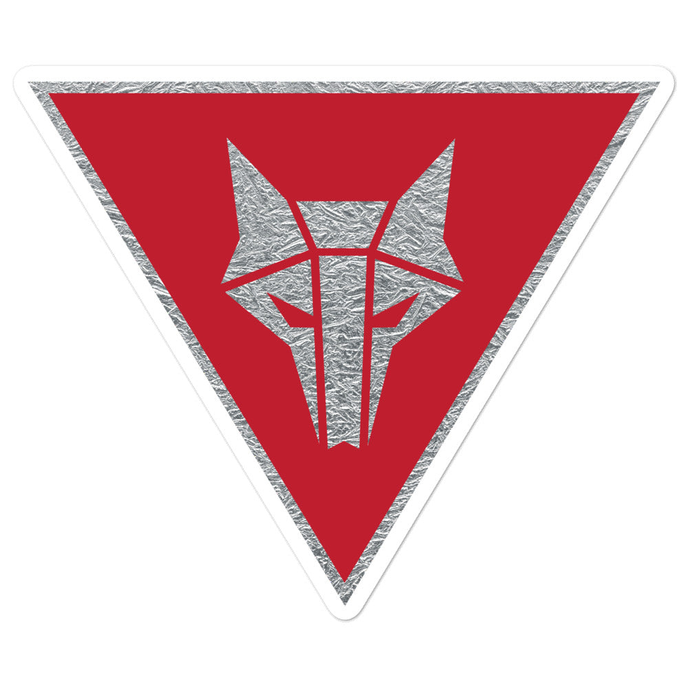 Inverted triangle shaped sticker with red background and a silver Howler sigil in the center