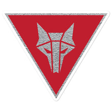 Load image into Gallery viewer, Inverted triangle shaped sticker with red background and a silver Howler sigil in the center
