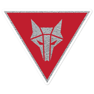 Inverted triangle shaped sticker with red background and a silver Howler sigil in the center