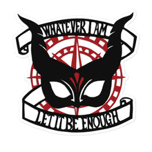 Load image into Gallery viewer, Sticker with a black horned mask and the phrase &#39;whatever I am let it be enough&#39; on top of a red compass
