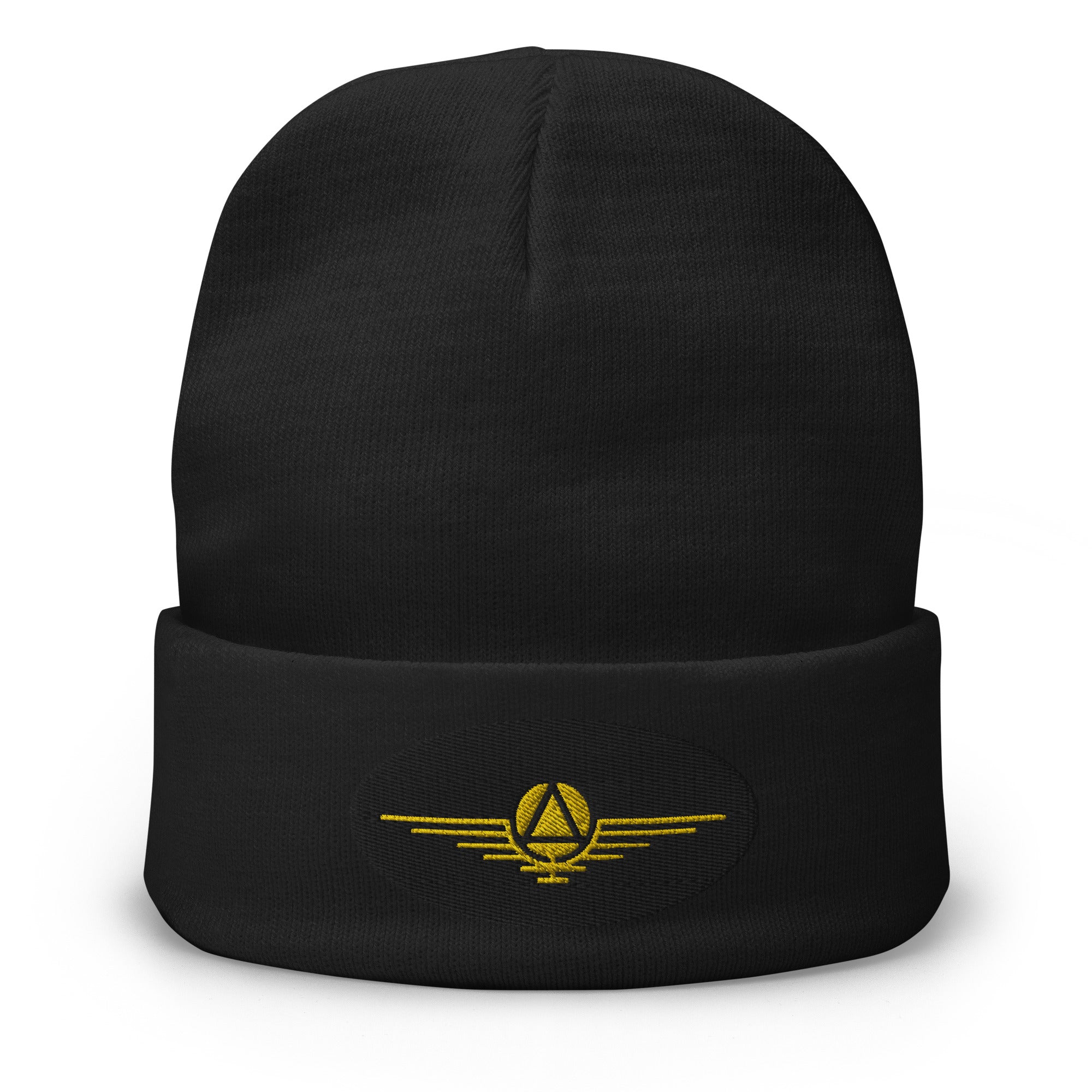 Black beanie hat with gold sigil 