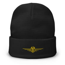 Load image into Gallery viewer, Black beanie hat with gold sigil 
