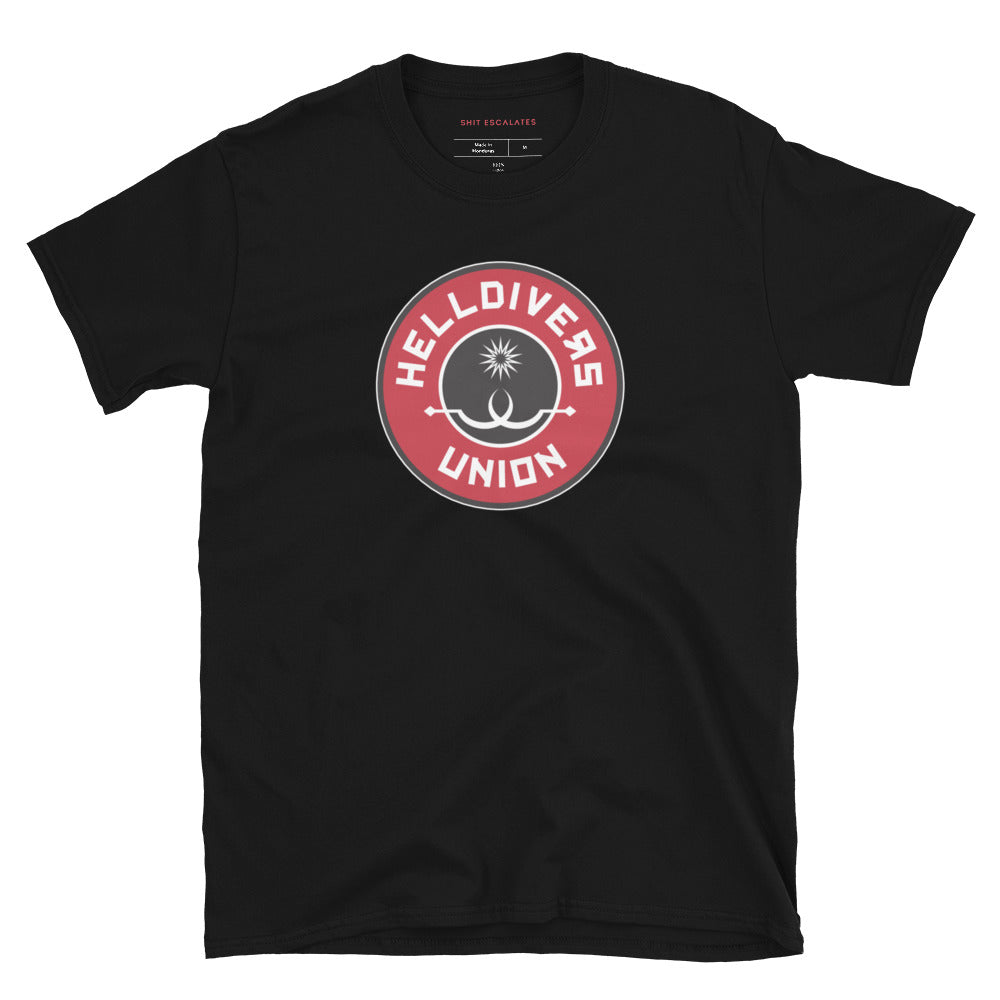 Black shirt with round black white and red design with two white sling blades and a white star surrounded by the words Helldivers Union