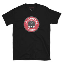 Load image into Gallery viewer, Black shirt with round black white and red design with two white sling blades and a white star surrounded by the words Helldivers Union
