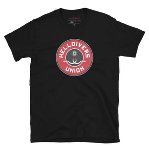 Black shirt with round black white and red design with two white sling blades and a white star surrounded by the words Helldivers Union