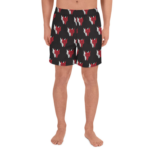 Black shorts with red and white wolf Howler sigils 