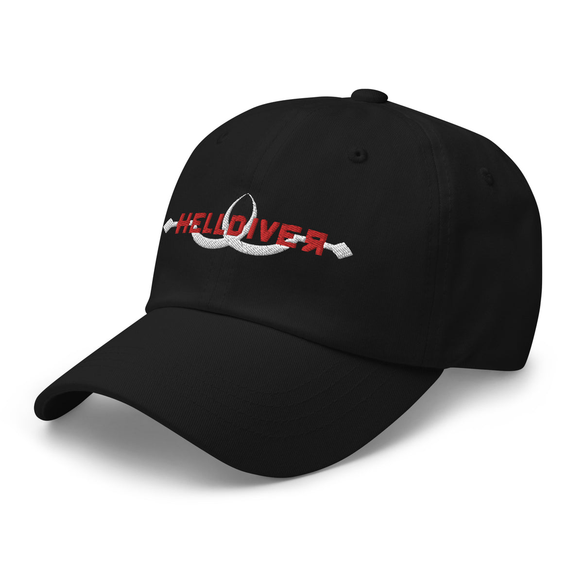 Black hat embroidered with Helldiver in red and two white sling blades