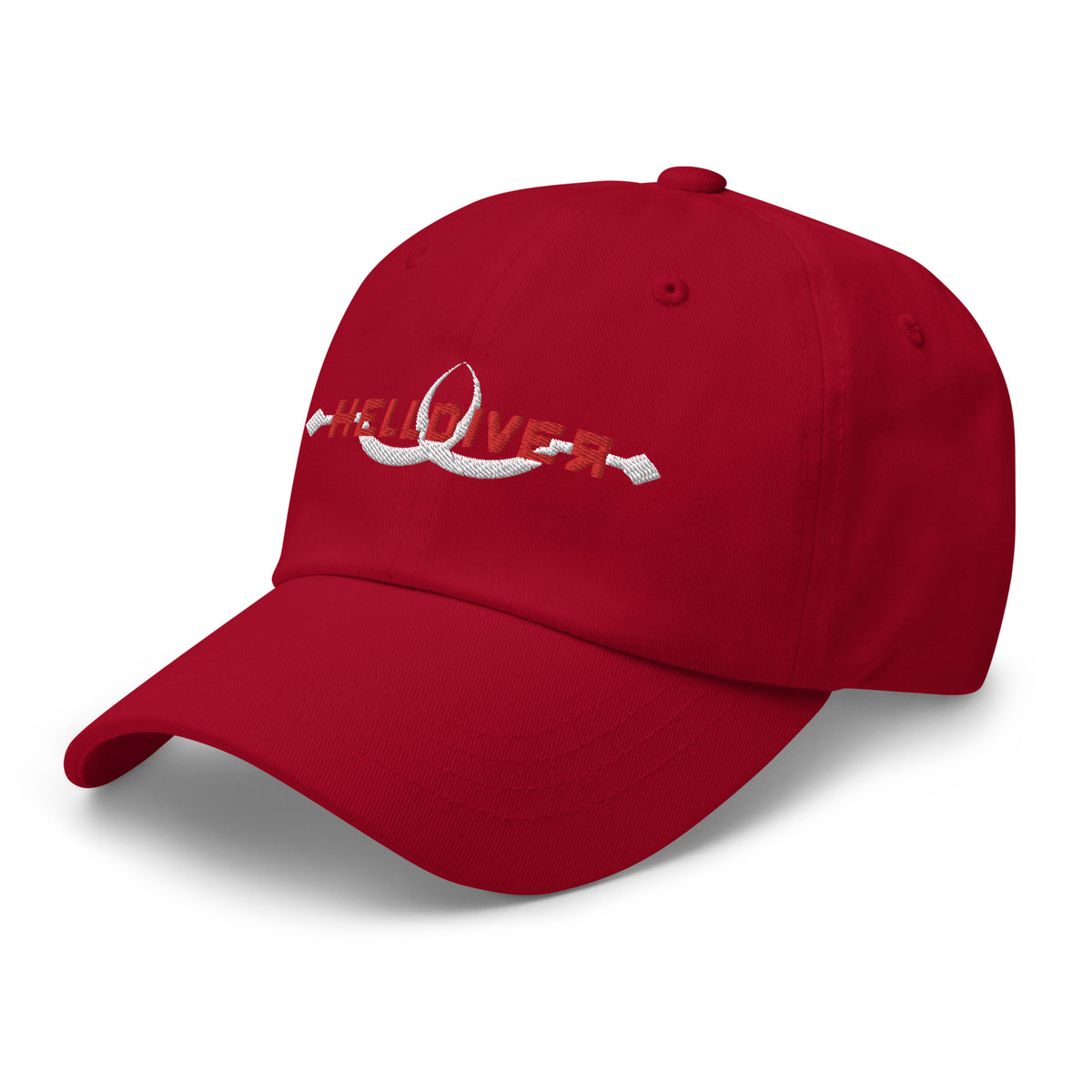 Red hat embroidered with Helldiver in red and two white sling blades
