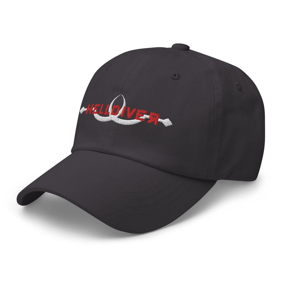 Grey hat embroidered with Helldiver in red and two white sling blades