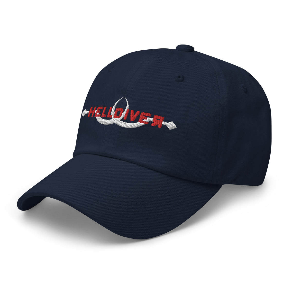 Blue hat embroidered with Helldiver in red and two white sling blades