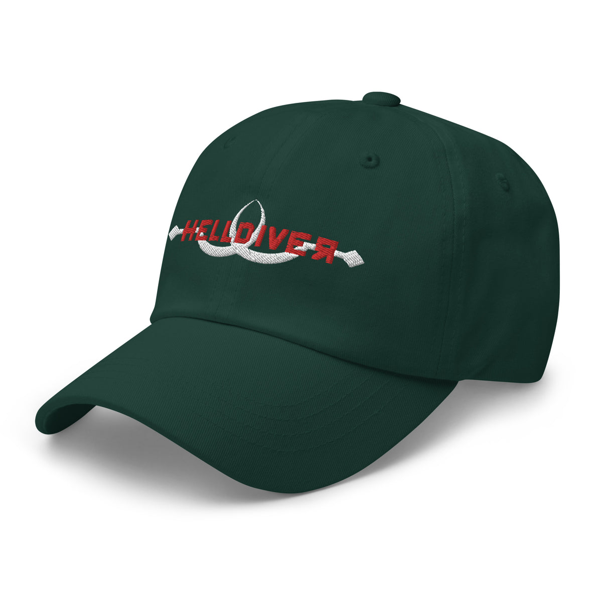Green hat embroidered with Helldiver in red and two white sling blades