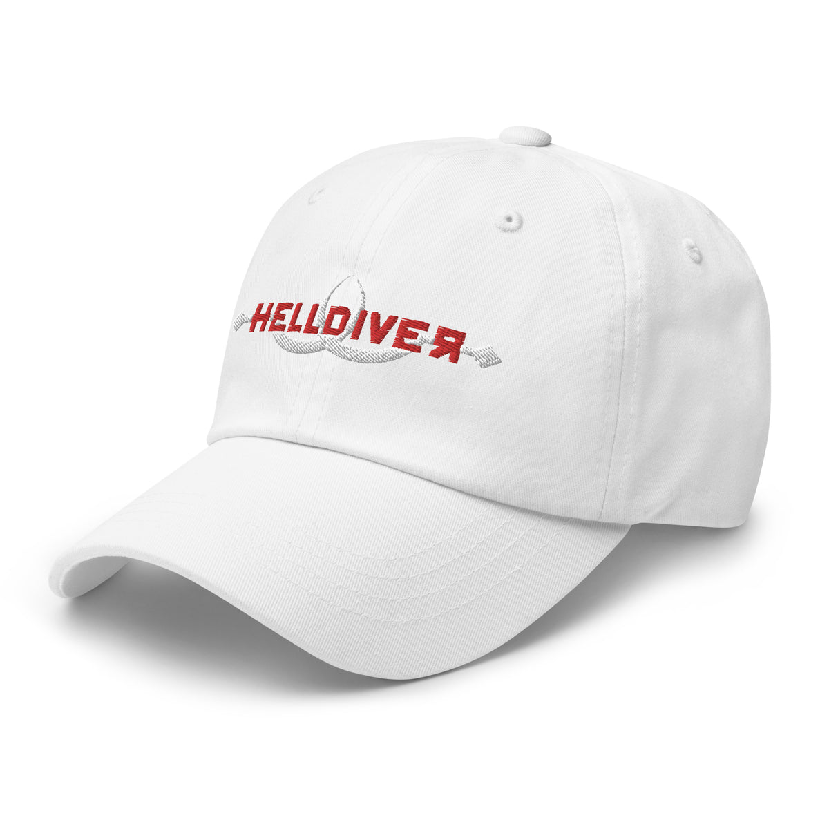 White hat embroidered with Helldiver in red and two white sling blades