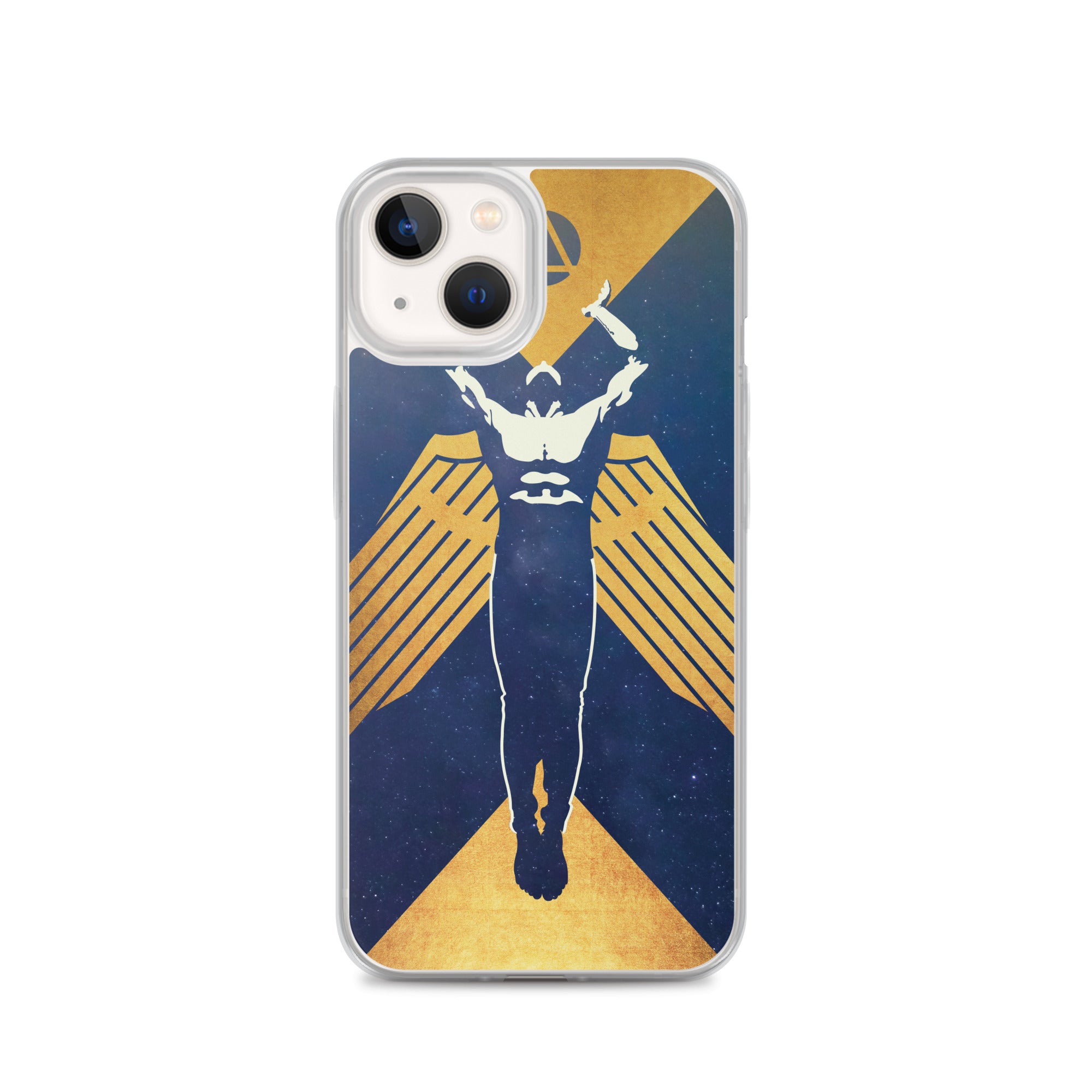 Phone case featuring a muscled winged figure with outstretched arms toward a triangle enclosed in a circle