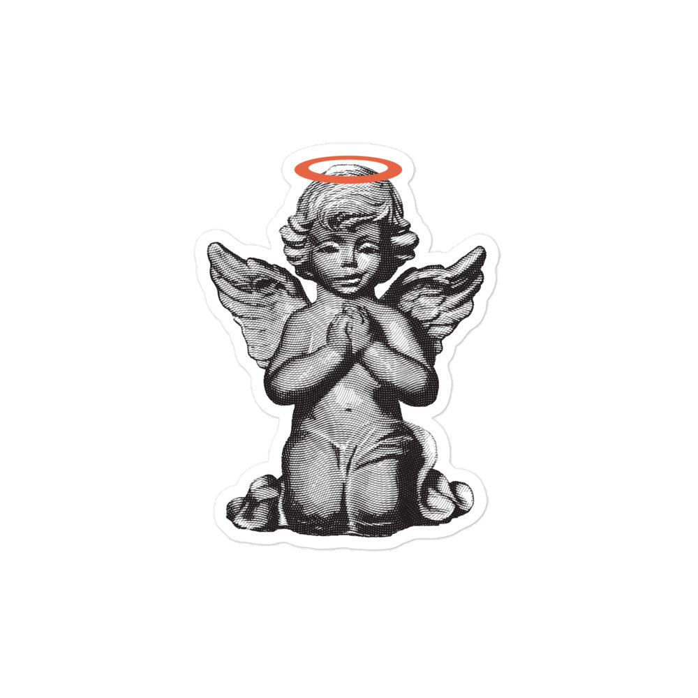 Sticker of a smirking praying angel statue with an orange halo