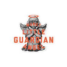 Load image into Gallery viewer, Sticker that says &#39;Mangy little guardian angel&#39; over a praying angel statue
