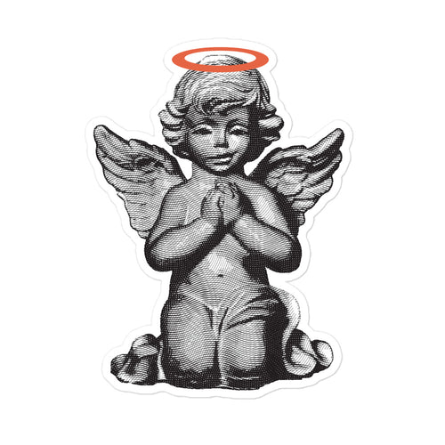 Sticker of a smirking praying angel statue with an orange halo
