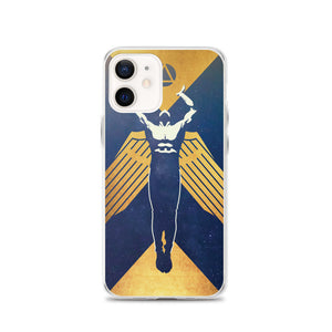 Phone case featuring a muscled winged figure with outstretched arms toward a triangle enclosed in a circle