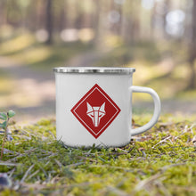Load image into Gallery viewer, Small white tin mug with red howler sigil
