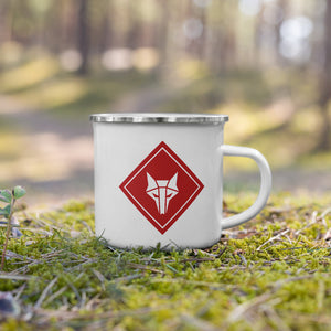 Small white tin mug with red howler sigil