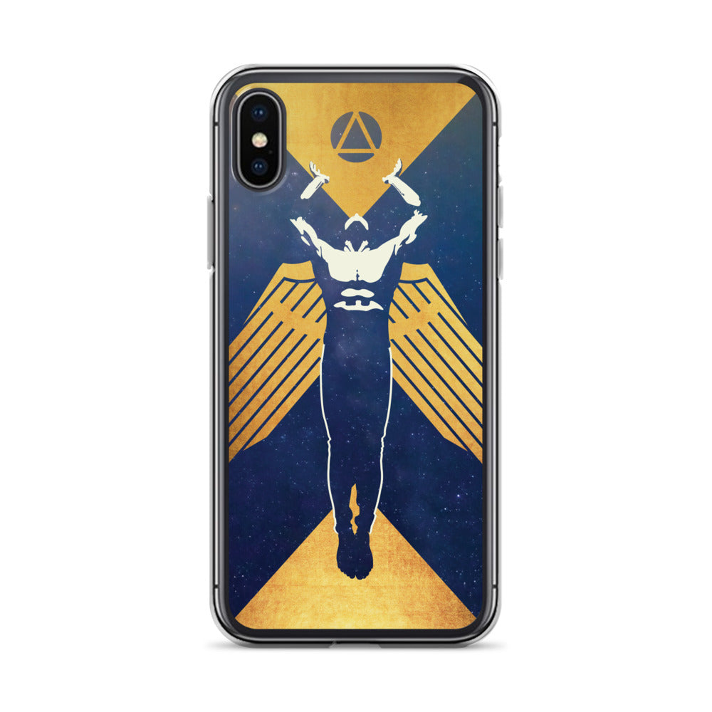 Phone case featuring a muscled winged figure with outstretched arms toward a triangle enclosed in a circle
