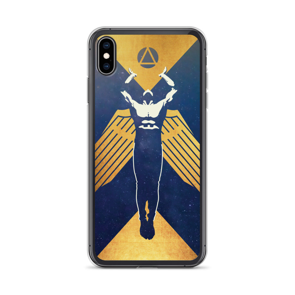 Phone case featuring a muscled winged figure with outstretched arms toward a triangle enclosed in a circle
