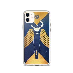Phone case featuring a muscled winged figure with outstretched arms toward a triangle enclosed in a circle