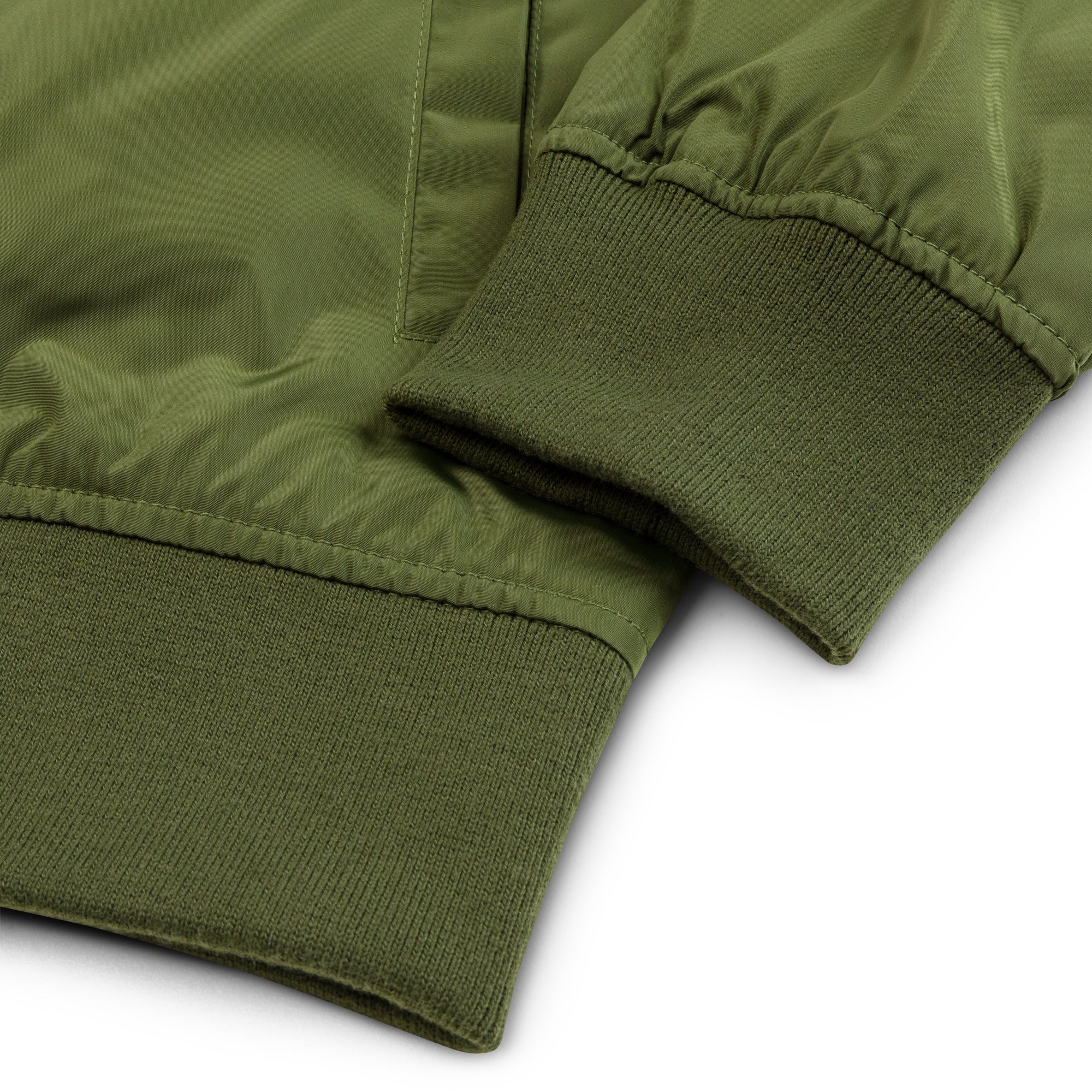 Army green bomber jacket embroidered with the House Mars Wolf Sigil on the front right and Pegasus Legion Sigil on back