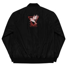 Load image into Gallery viewer, Black bomber jacket embroidered with the House Mars Wolf Sigil on the front right and Pegasus Legion Sigil on back
