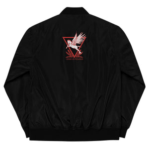 Black bomber jacket embroidered with the House Mars Wolf Sigil on the front right and Pegasus Legion Sigil on back