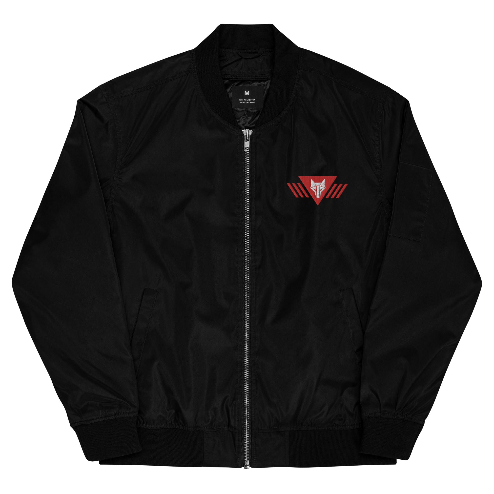 Black bomber jacket embroidered with the House Mars Wolf Sigil on the front right and Pegasus Legion Sigil on back