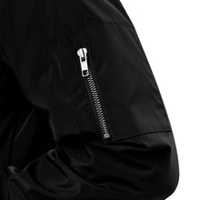 Load image into Gallery viewer, Black bomber jacket embroidered with the House Mars Wolf Sigil on the front right and Pegasus Legion Sigil on back
