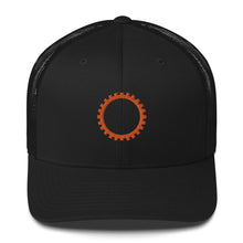 Load image into Gallery viewer, Black hat with embroidered orange sigil of mechanics and engineers
