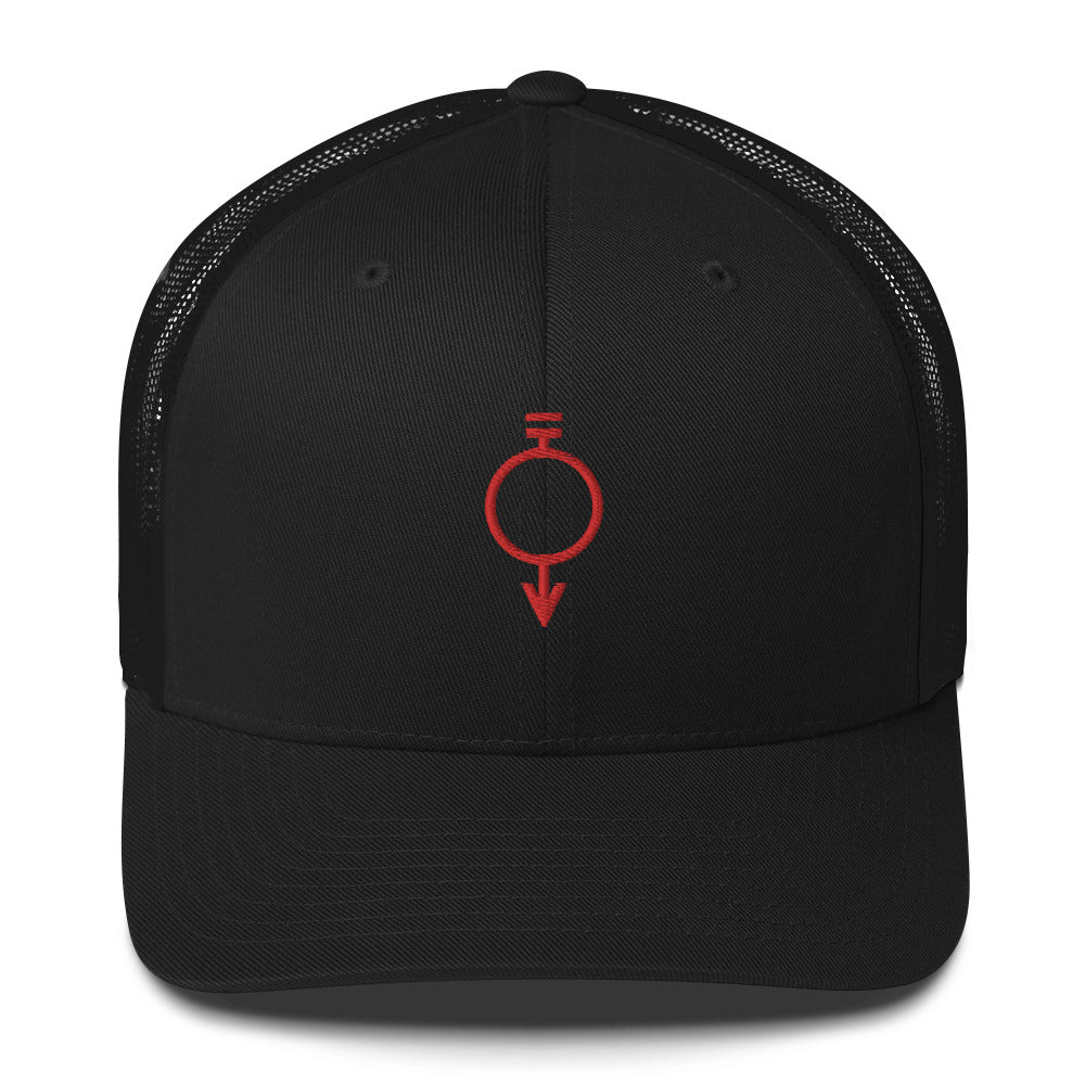 Black hat embroidered with the red sigil for manual laborers and miners