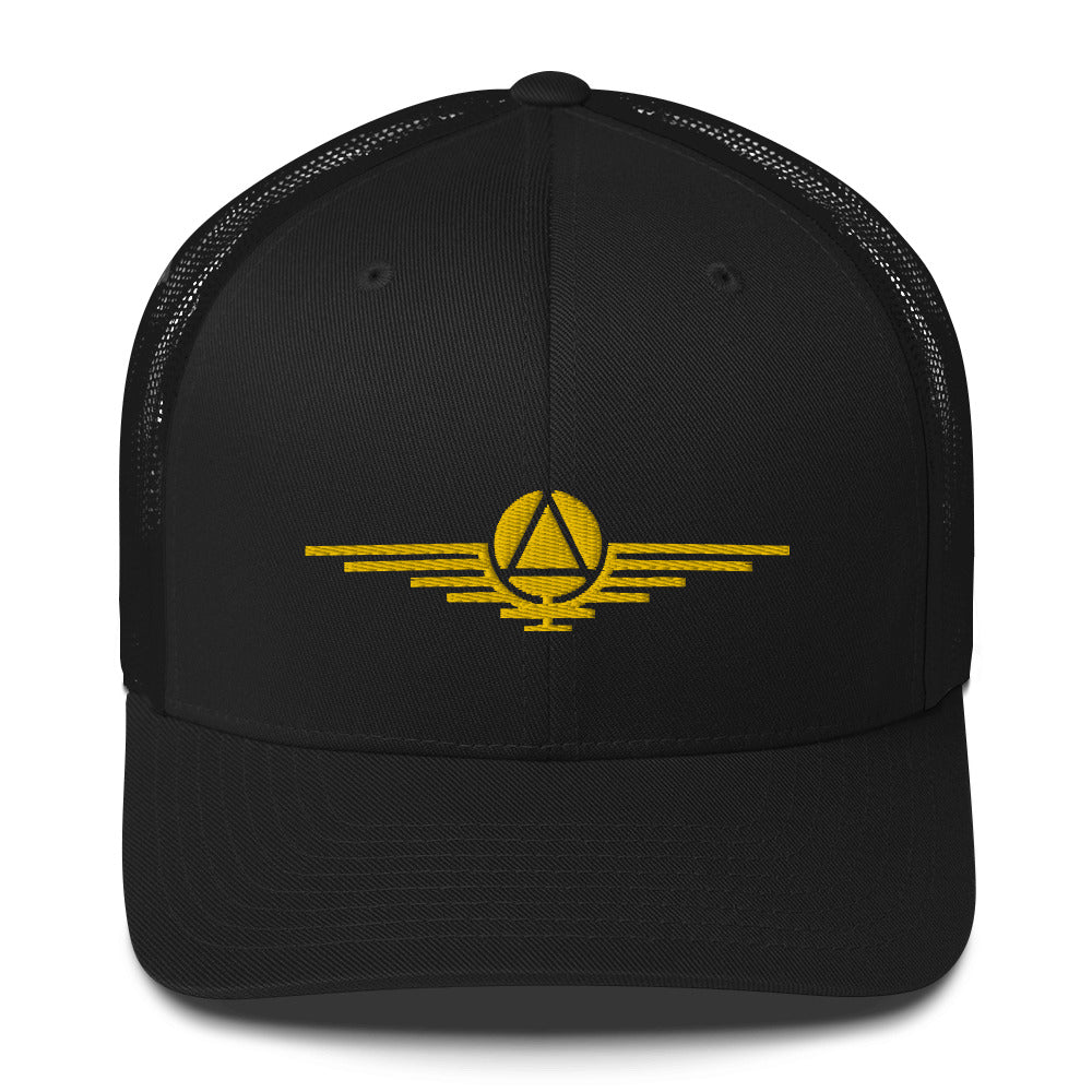 Black hat embroidered with the gold symbol of the rulers of the society