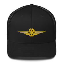 Load image into Gallery viewer, Black hat embroidered with the gold symbol of the rulers of the society
