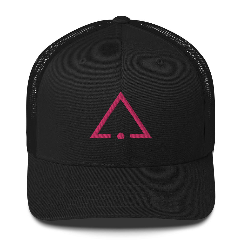 Black hat embroidered with the pink sigil of pleasure slaves and social functionaries