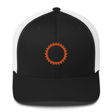 Load image into Gallery viewer, Black and white hat with embroidered orange sigil of mechanics and engineers
