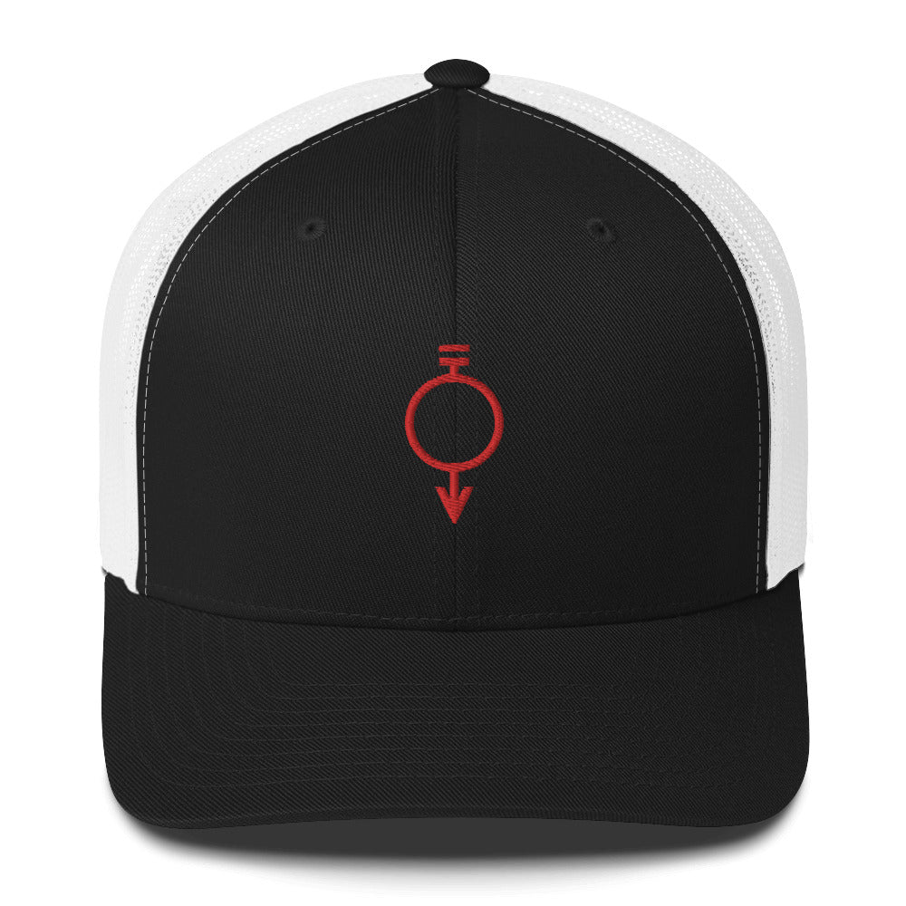 Black and white hat embroidered with the red sigil for manual laborers and miners