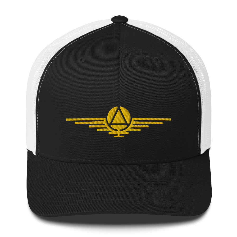 Black hat embroidered with the gold symbol of the rulers of the society