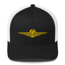 Load image into Gallery viewer, Black hat embroidered with the gold symbol of the rulers of the society
