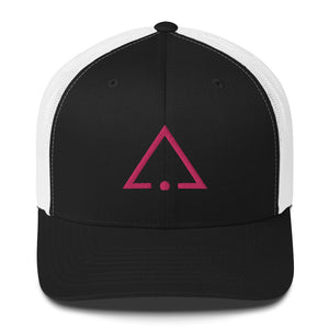 Black and white hat embroidered with the pink sigil of pleasure slaves and social functionaries
