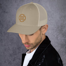 Load image into Gallery viewer, Khaki hat with four brown triangles pointing inward with round edges making a circle

