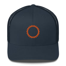 Load image into Gallery viewer, Blue hat with embroidered orange sigil of mechanics and engineers
