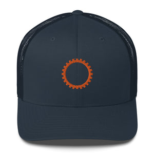 Blue hat with embroidered orange sigil of mechanics and engineers