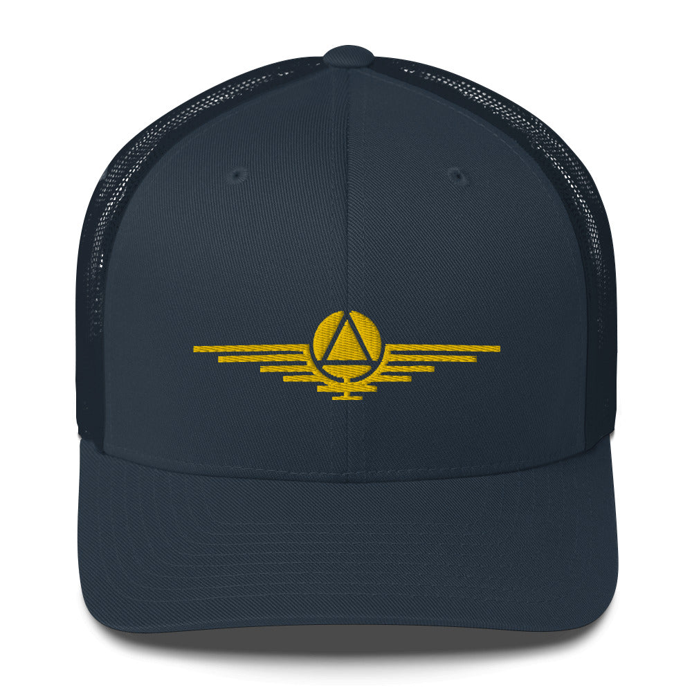 Blue hat embroidered with the gold symbol of the rulers of the society