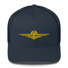 Load image into Gallery viewer, Blue hat embroidered with the gold symbol of the rulers of the society
